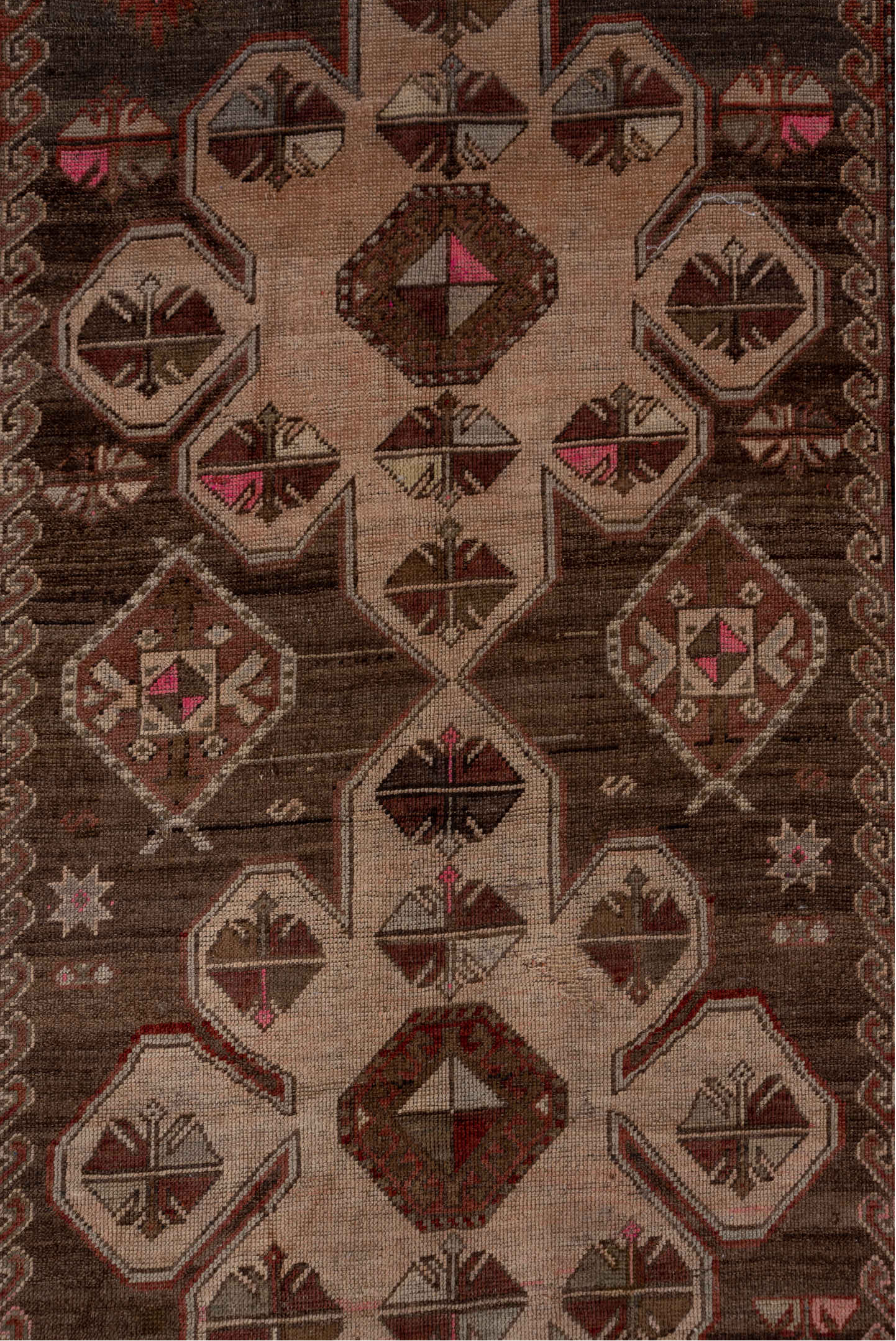 4' x 12' one-of-a-kind handmade vintage Trans Caucasian runner rug. Color palette: brown, gray, pink, redwood
