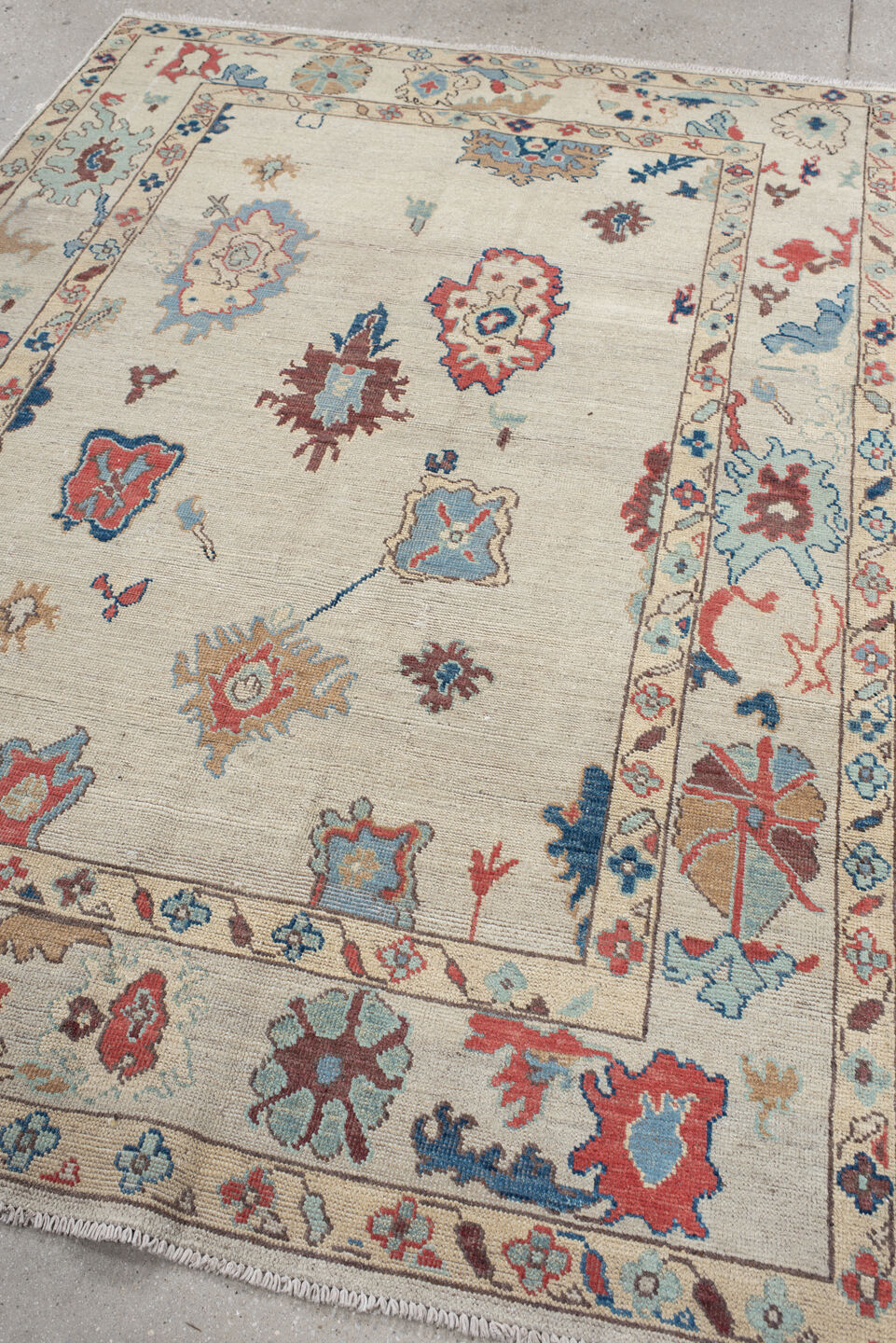 5' x 7' one-of-a-kind handmade vintage Oushak rug. Color palette: antiquewhite, blue, brown, fiord, gray, light gray, linen