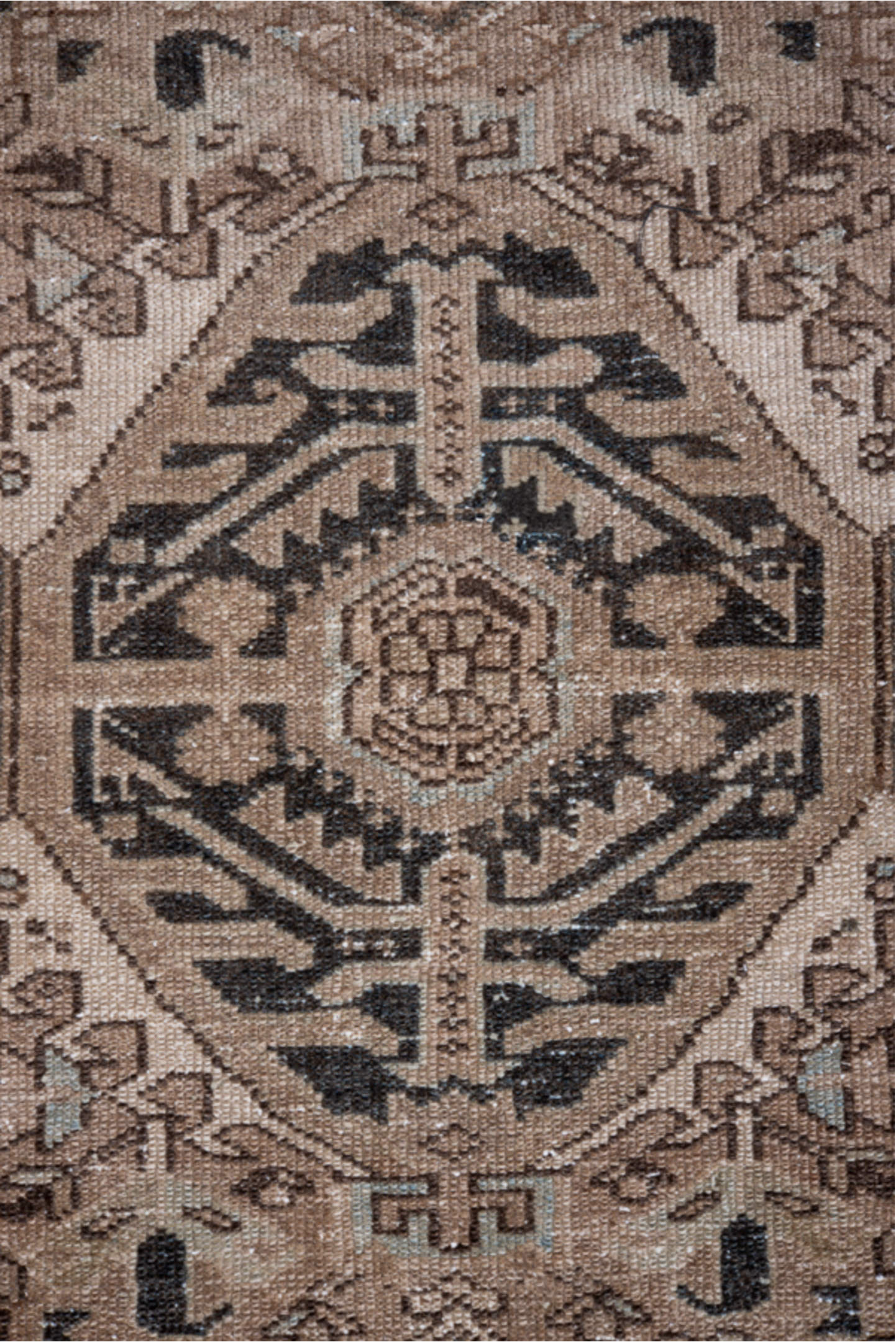 4' x 6' one-of-a-kind handmade vintage Karaje small size rug. Color palette: gray, black, brown, light gray, pink, off-white