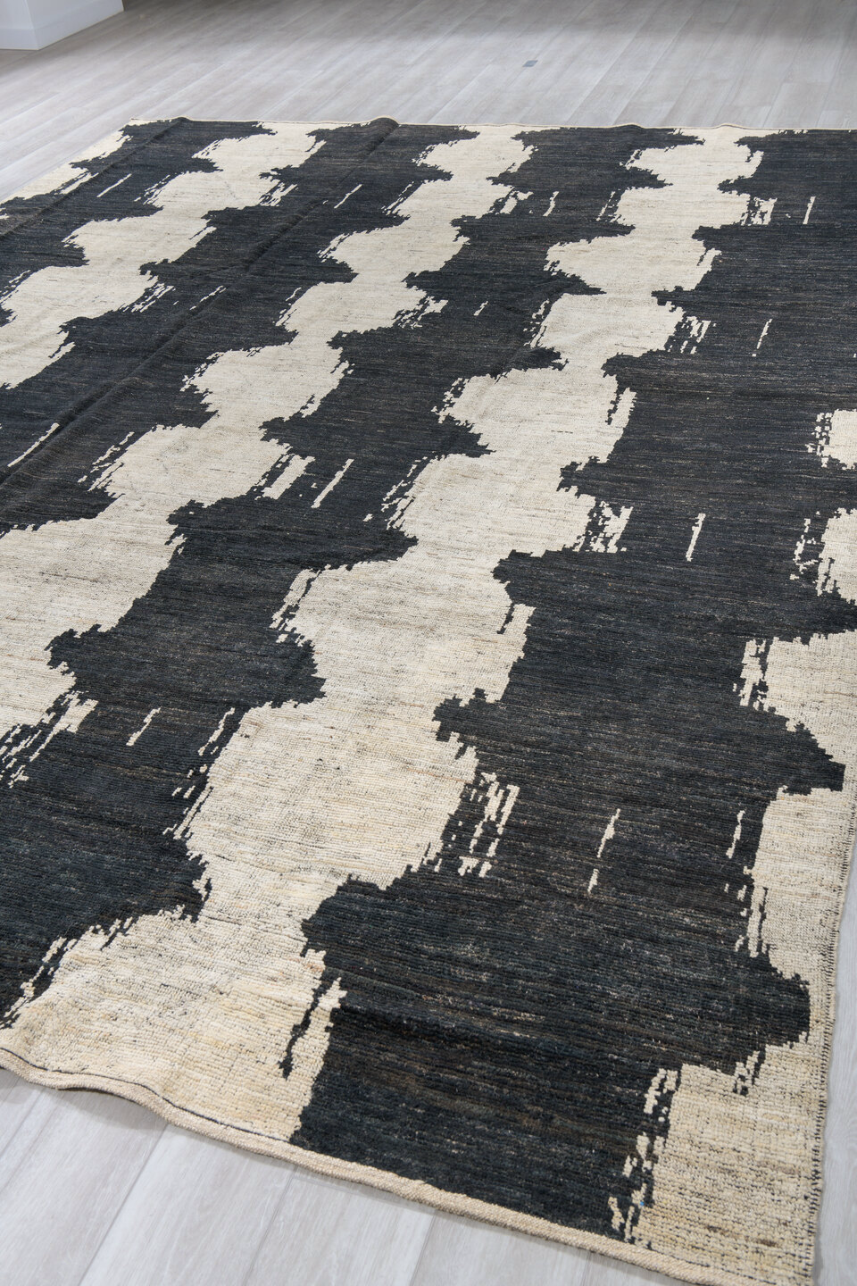 10' x 14' one-of-a-kind handmade vintage Tulu large size rug. Color palette: black, blue, brown, dark gray, dim gray, gray