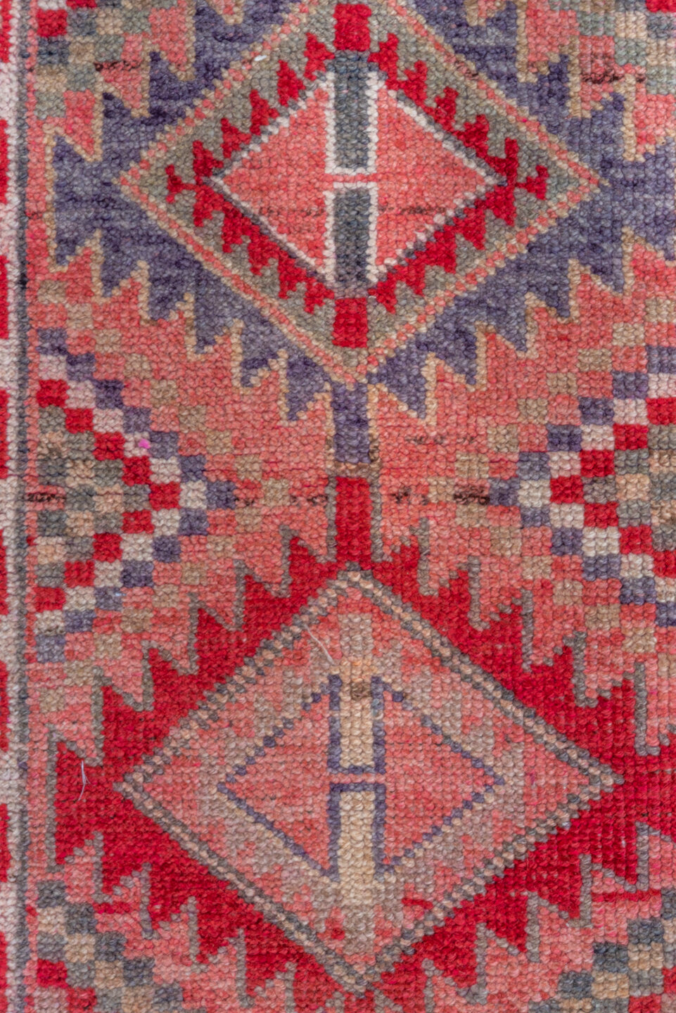 2' x 6' one-of-a-kind handmade vintage Oushak runner rug. Color palette: brown, gray, light gray, pink, red