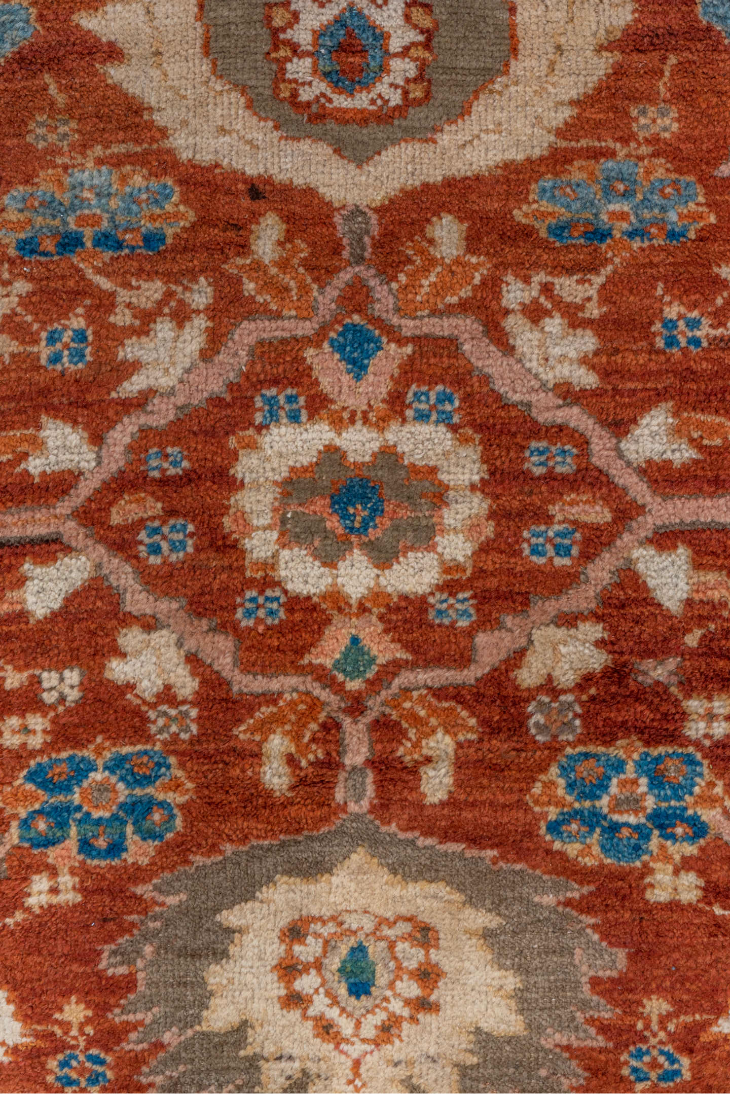 12' x 13' one-of-a-kind handmade vintage Sultanabad oversize rug. Color palette: brown, gray, orange, pink, red