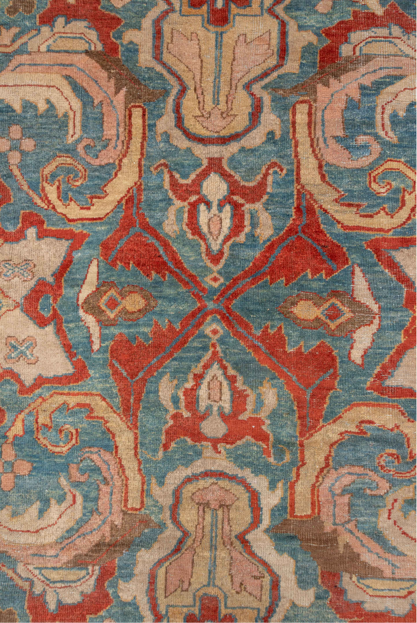 12' x 15' one-of-a-kind handmade vintage Sultanabad oversize rug. Color palette: brown, gray, off-white, orange, pink, red