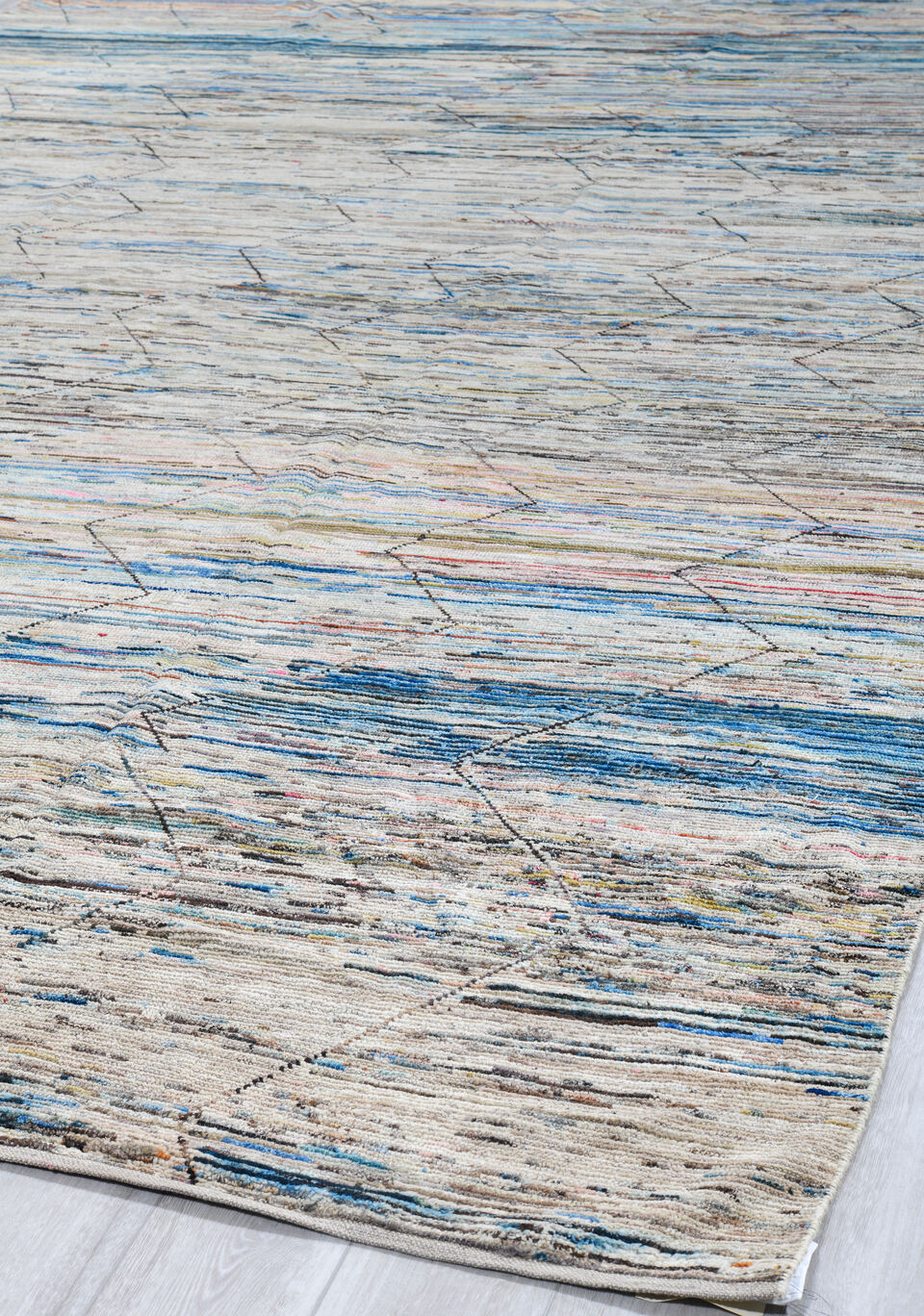 9' x 14' one-of-a-kind handmade vintage Tulu large size rug. Color palette: black, blue, charcoal, dim gray, gainsboro, gray