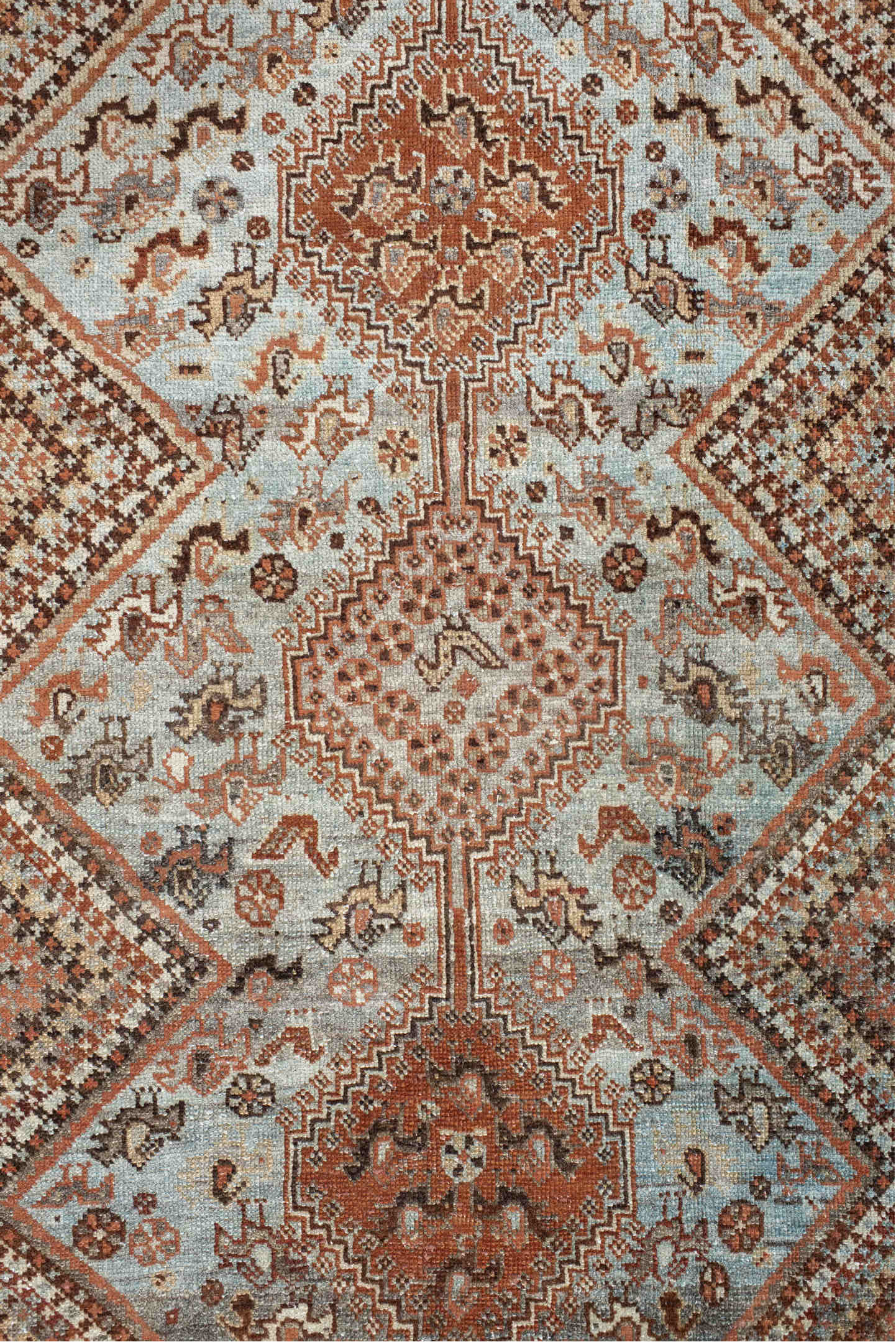 4' x 5' one-of-a-kind handmade vintage Afshar small size rug. Color palette: brown, floral white, gainsboro, gray