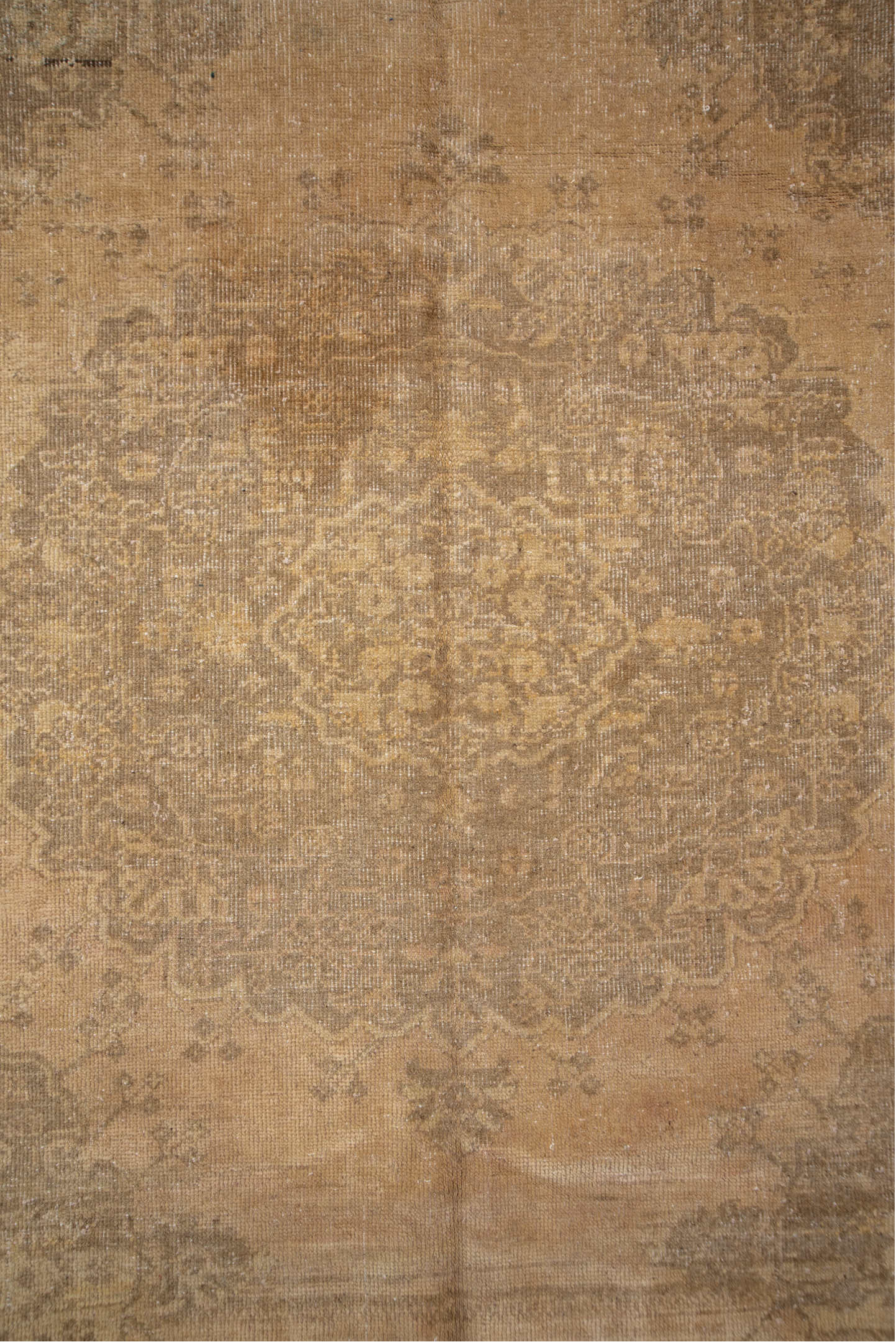 5' x 14' one-of-a-kind handmade vintage Oushak rug. Color palette: brown, gray, light gray, off-white, orange, pink, snow