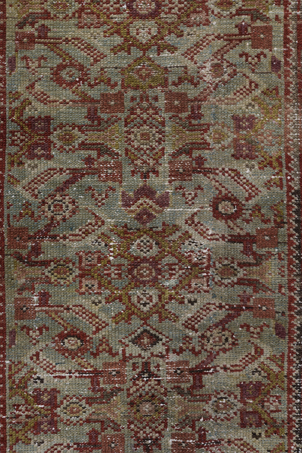 3' x 10' one-of-a-kind handmade vintage Malayer runner rug. Color palette: brown, gainsboro, gray, light gray, off-white