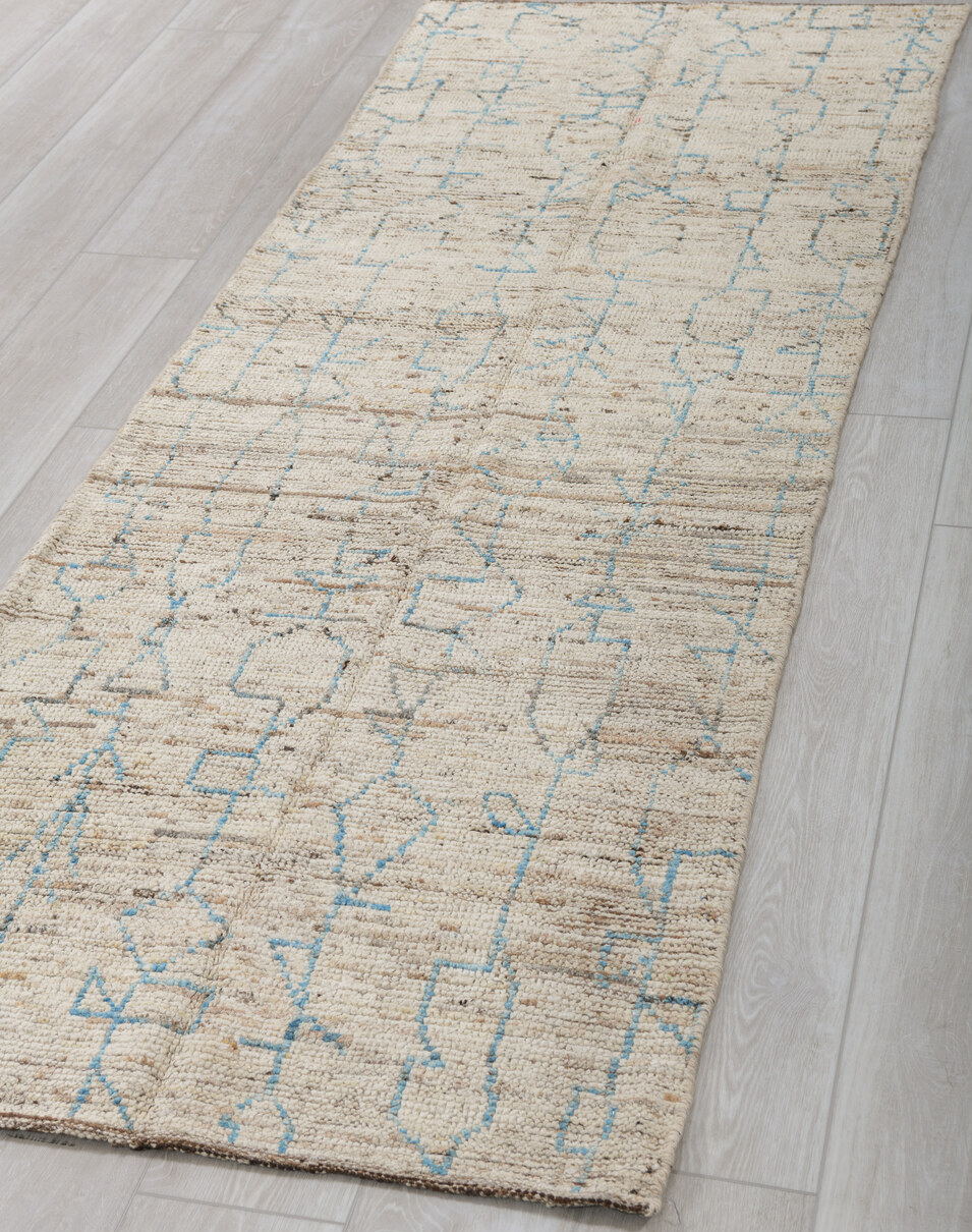 3' x 8' one-of-a-kind handmade vintage Tulu runner rug. Color palette: gainsboro, gray, light blue, light gray, off-white
