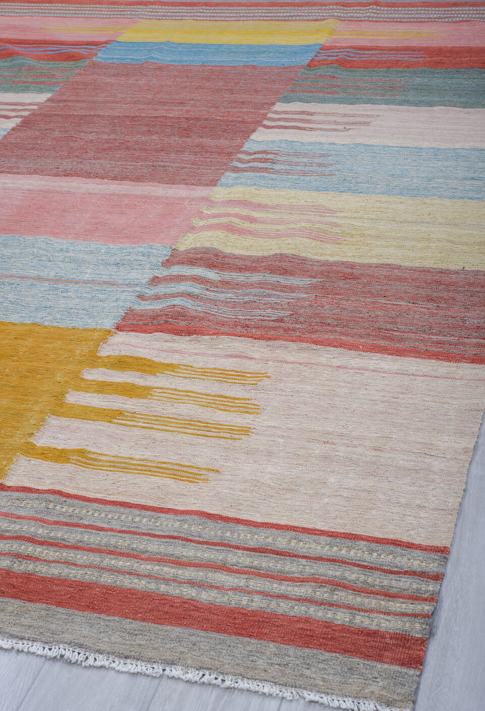 8' x 12' one-of-a-kind handmade vintage Kilim large size rug. Color palette: brown, dim gray, gray, light blue, light gray