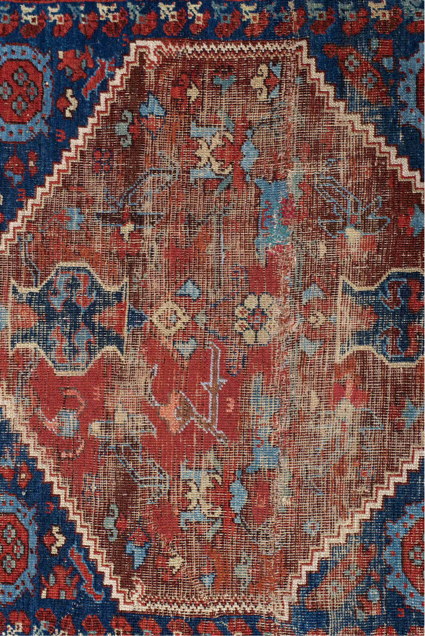4' x 4' one-of-a-kind handmade vintage Anatol small size rug. Color palette: brown, gray, orange, off-white, pink, blue, red