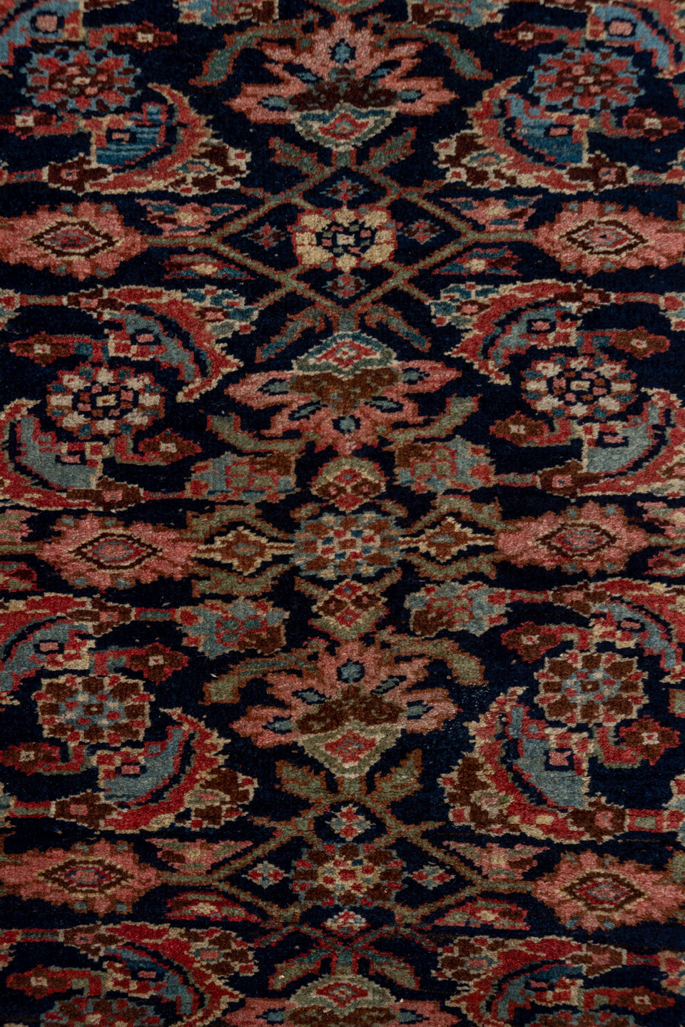 3' x 18' one-of-a-kind handmade vintage Bidjar runner rug. Color palette: black, blue, brown, charcoal, gray, off-white