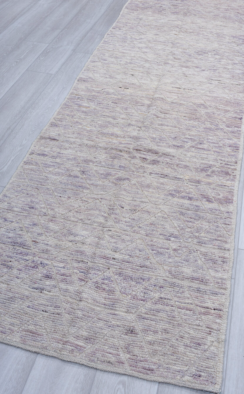 3' x 11' one-of-a-kind handmade vintage Tulu runner rug. Color palette: dark gray, gainsboro, gray, light gray, off-white