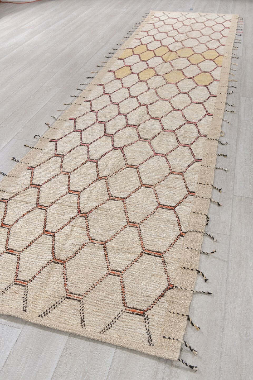 3' x 15' one-of-a-kind handmade vintage Tulu runner rug. Color palette: black, brown, dark gray, gainsboro, gray, light gray