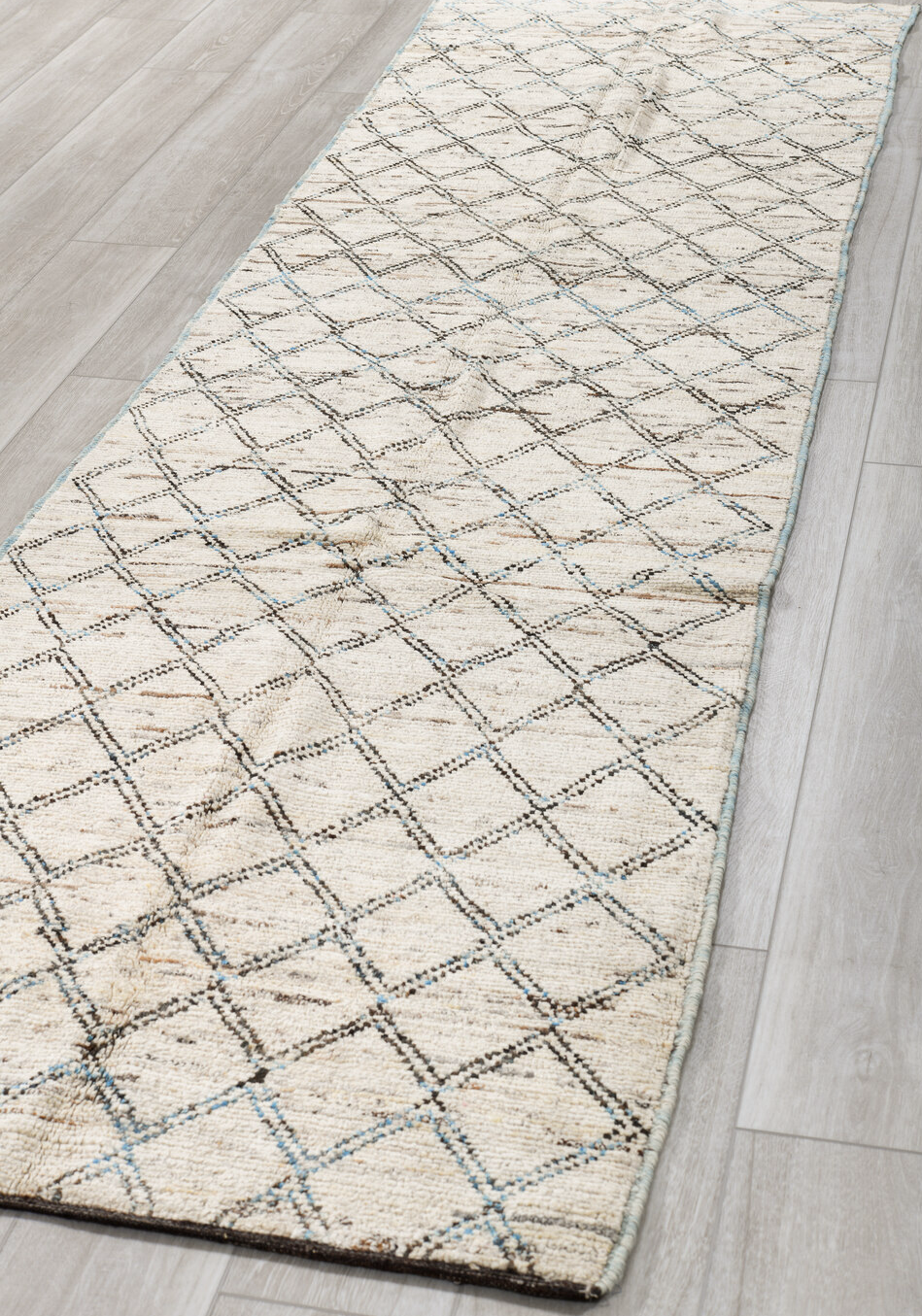 3' x 11' one-of-a-kind handmade vintage Tulu runner rug. Color palette: beige, black, dark gray, gray, light gray, linen