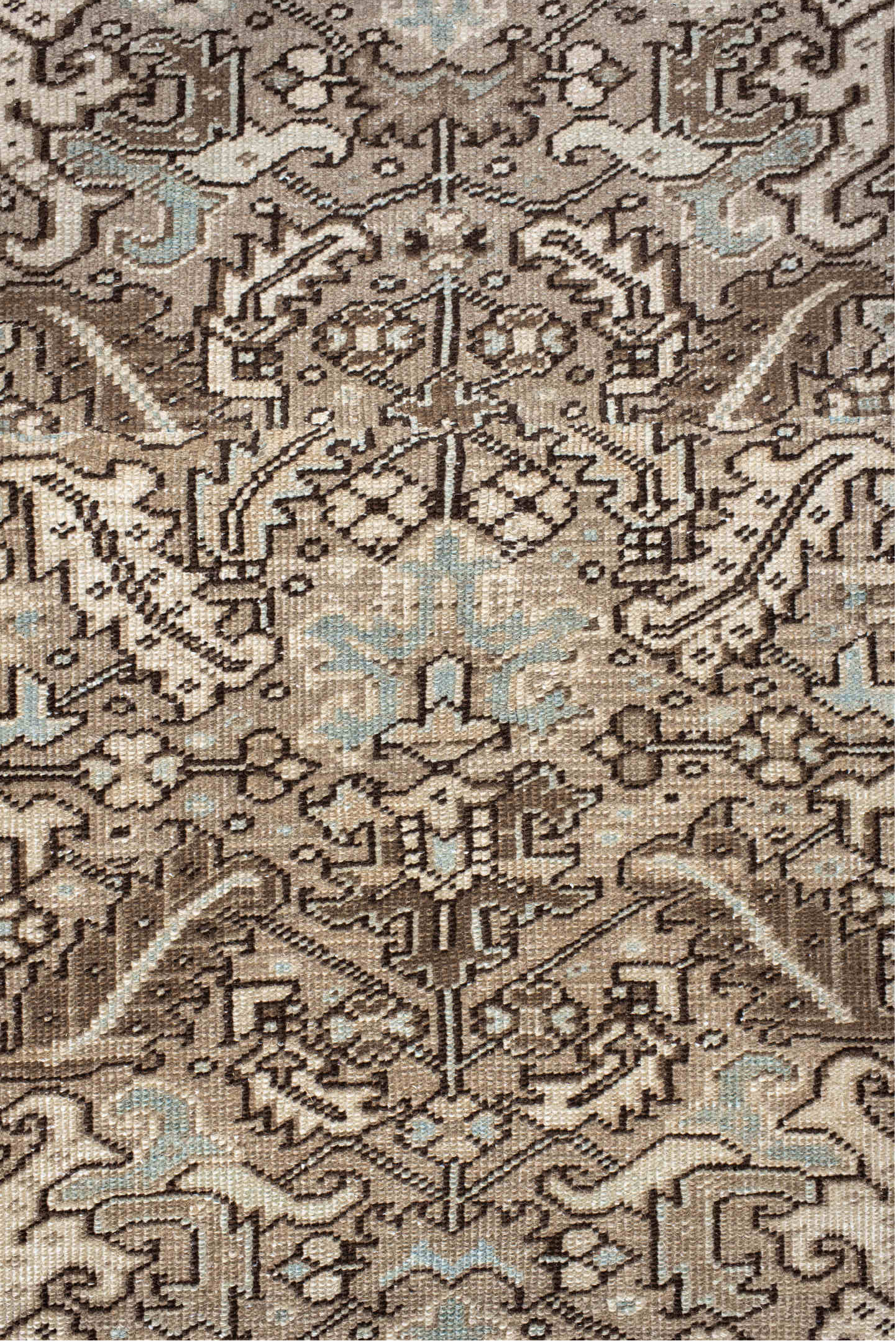 7' x 8' one-of-a-kind handmade vintage Heriz rug. Color palette: black, brown, gray, light gray, off-white, pink, silver