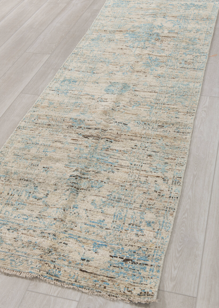 2' x 8' one-of-a-kind handmade vintage Tulu runner rug. Color palette: blue, dark gray, gainsboro, gray, light blue
