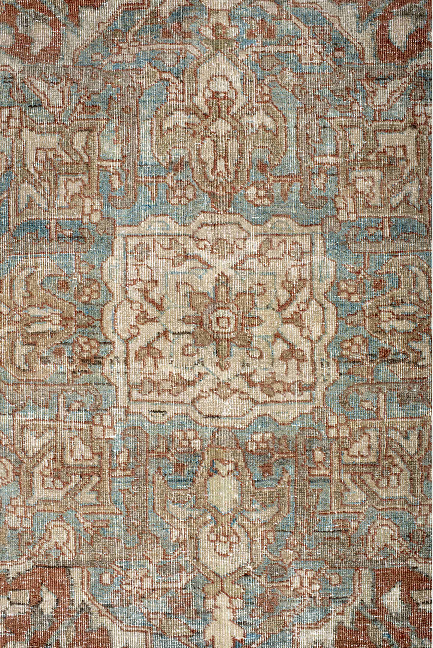 7' x 9' one-of-a-kind handmade vintage Heriz rug. Color palette: blue, brown, dark gray, dim gray, gray, light gray