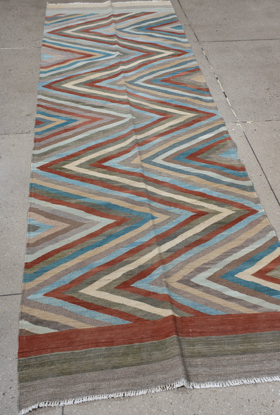 3' x 9' one-of-a-kind handmade vintage Kilim runner rug. Color palette: blue, brown, dark gray, gray, light blue, light gray