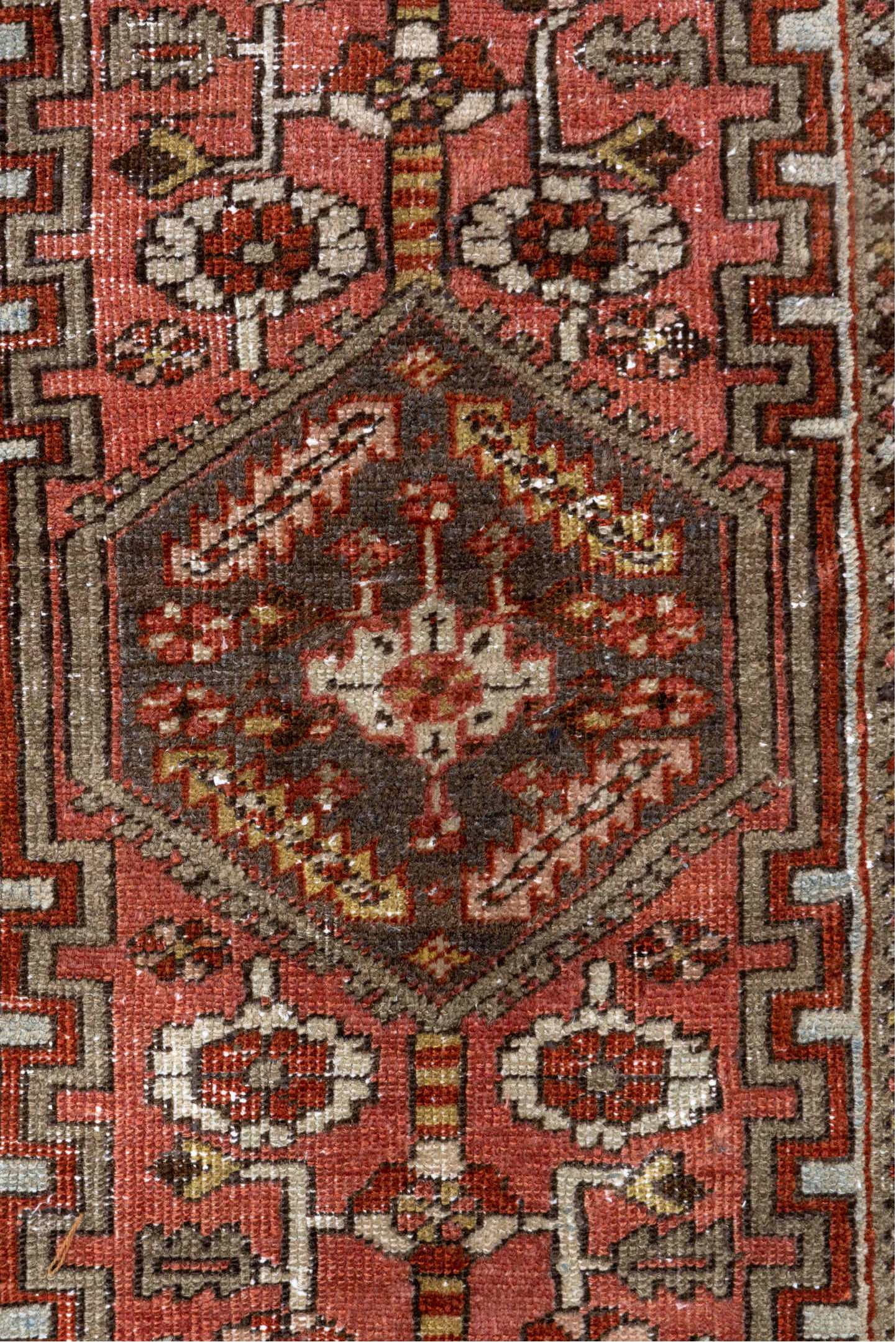 3' x 5' one-of-a-kind handmade vintage Heriz small size rug. Color palette: brown, dark gray, gray, light gray, off-white