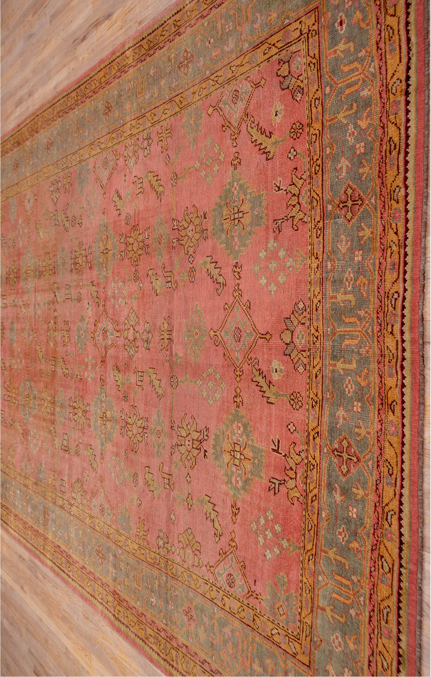 10' x 16' one-of-a-kind handmade vintage Oushak rug. Color palette: brown, gray, off-white, orange, pink, snow, white