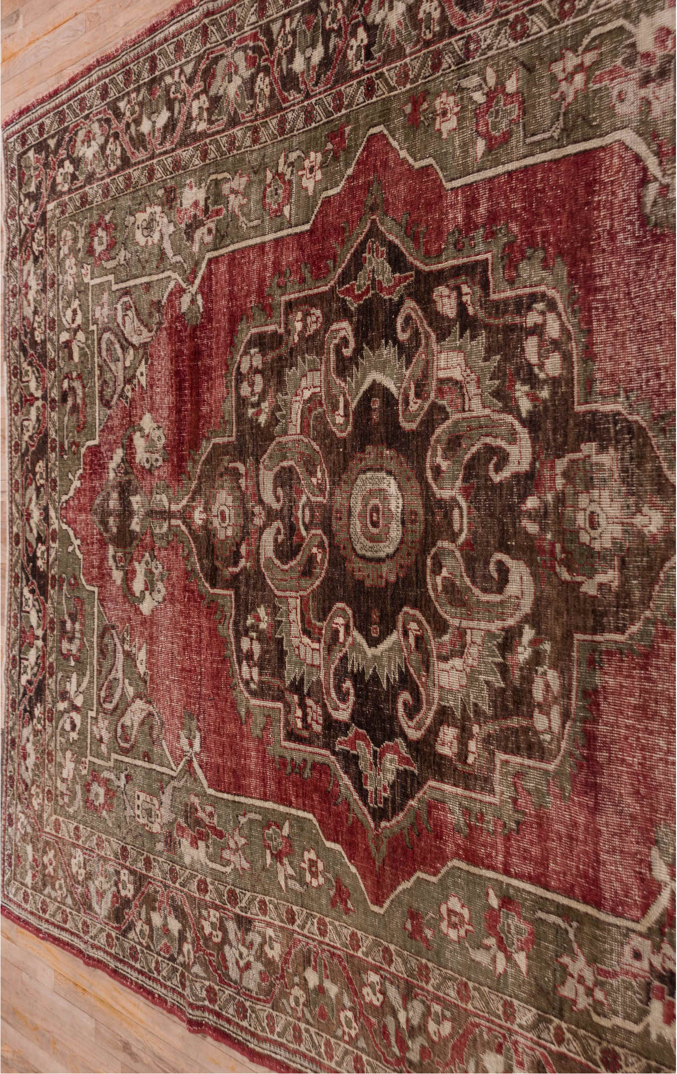 7' x 10' one-of-a-kind handmade vintage Oushak large size rug. Color palette: brown, pink, red, redwood