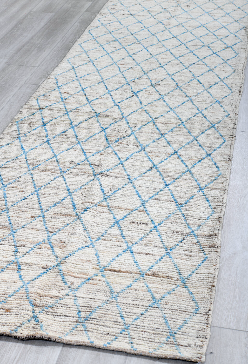 3' x 11' one-of-a-kind handmade vintage Tulu runner rug. Color palette: black, blue, dark gray, dim gray, gainsboro, gray