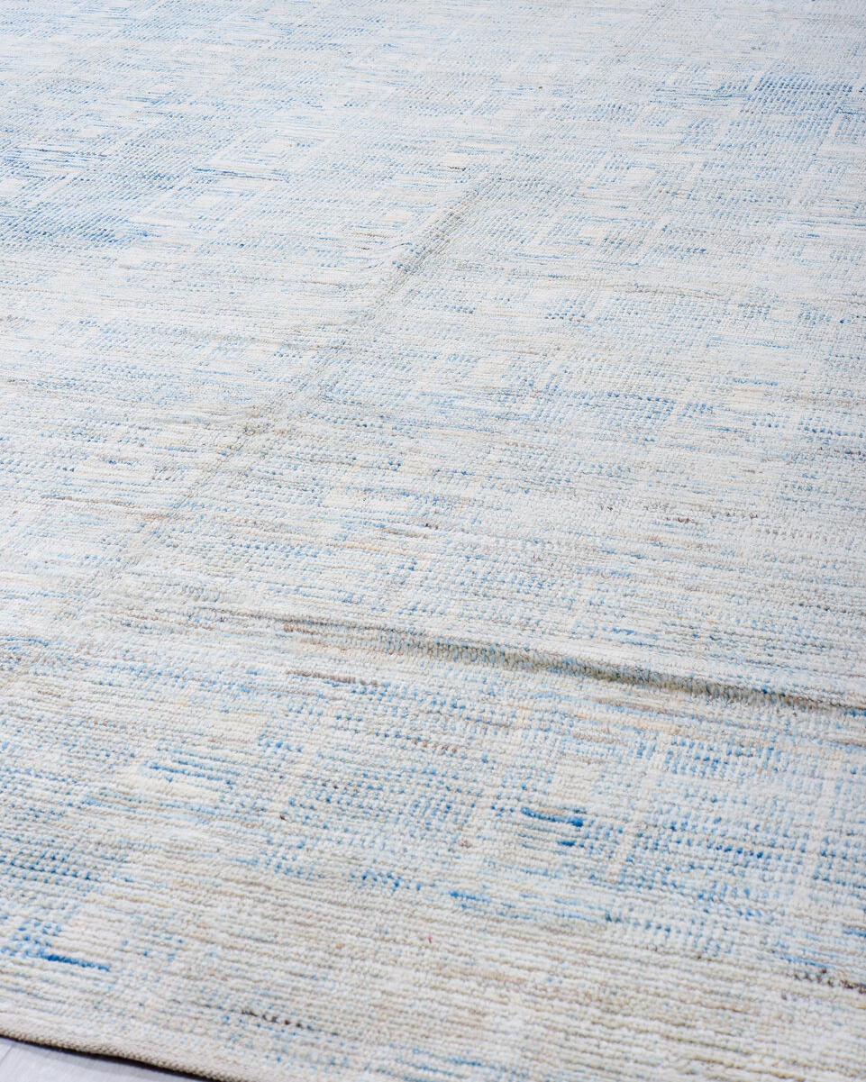 13' x 16' one-of-a-kind handmade vintage Tulu oversize rug. Color palette: blue, dark gray, gray, light blue, light gray