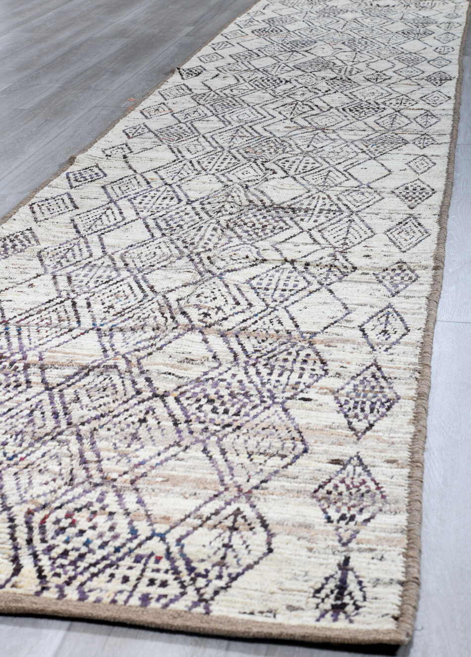 3' x 16' one-of-a-kind handmade vintage Tulu runner rug. Color palette: black, blue, dim gray, gray, light blue, light gray