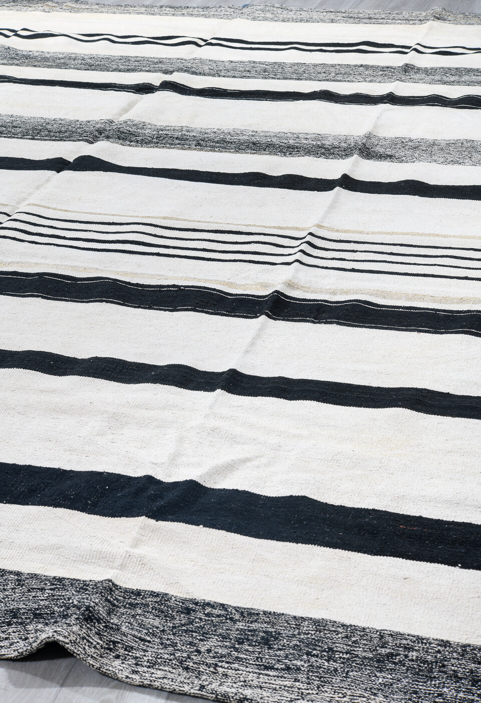 13' x 15' one-of-a-kind handmade vintage Kilim oversize rug. Color palette: black, blue, charcoal, dark gray, dim gray, gray