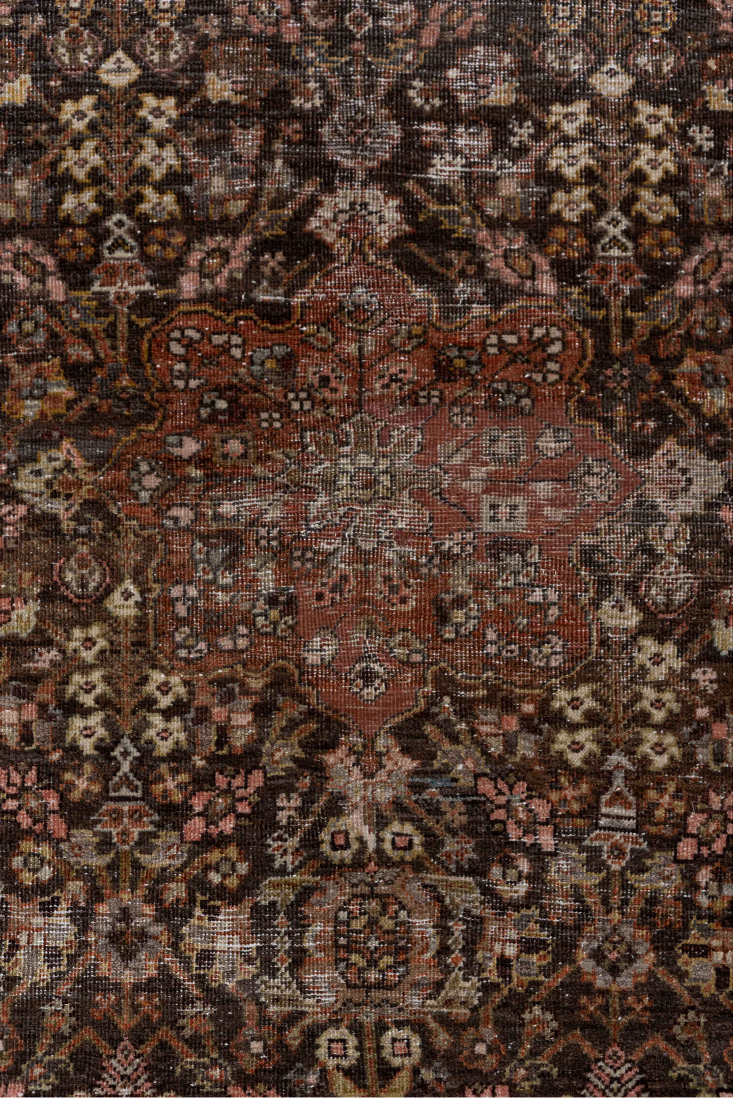 4' x 6' one-of-a-kind handmade vintage Far.Sarouk small size rug. Color palette: brown, gray, light gray, off-white, pink