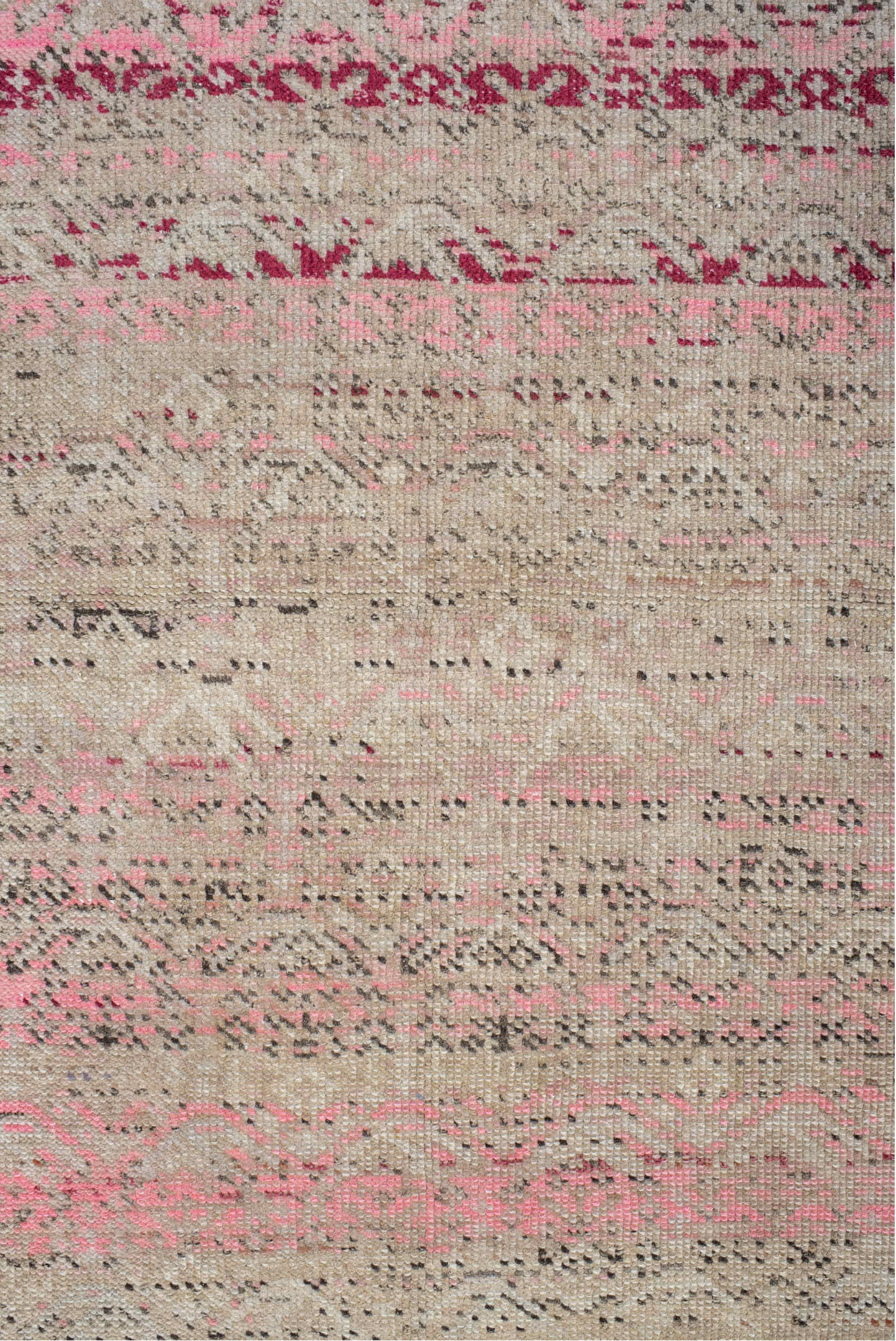 2' x 4' one-of-a-kind handmade vintage Anatol small size rug. Color palette: pink, gray, off-white, red, brown, light gray