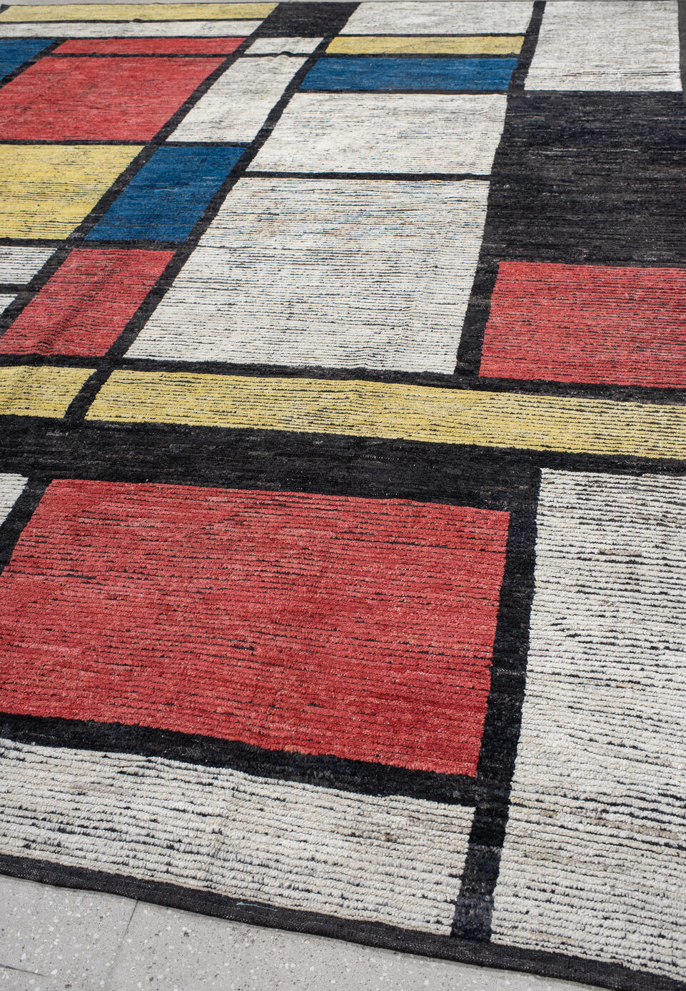 10' x 14' one-of-a-kind handmade vintage Tulu large size rug. Color palette: yellow, orange, gray, off-white, light gray