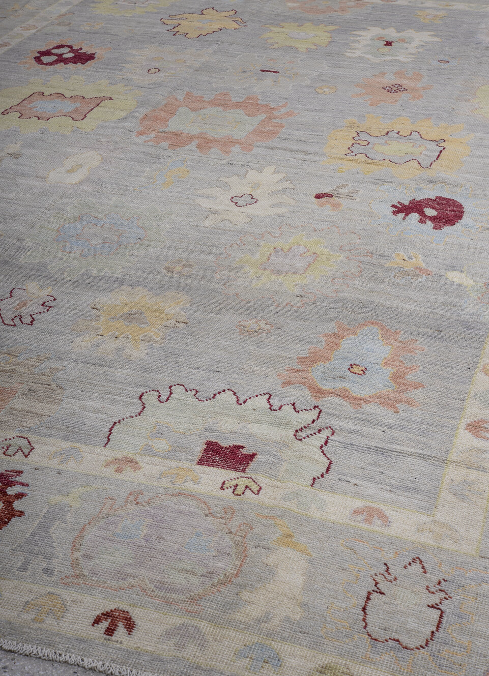 10' x 13' one-of-a-kind handmade vintage Oushak large size rug. Color palette: brown, gray, pink, redwood