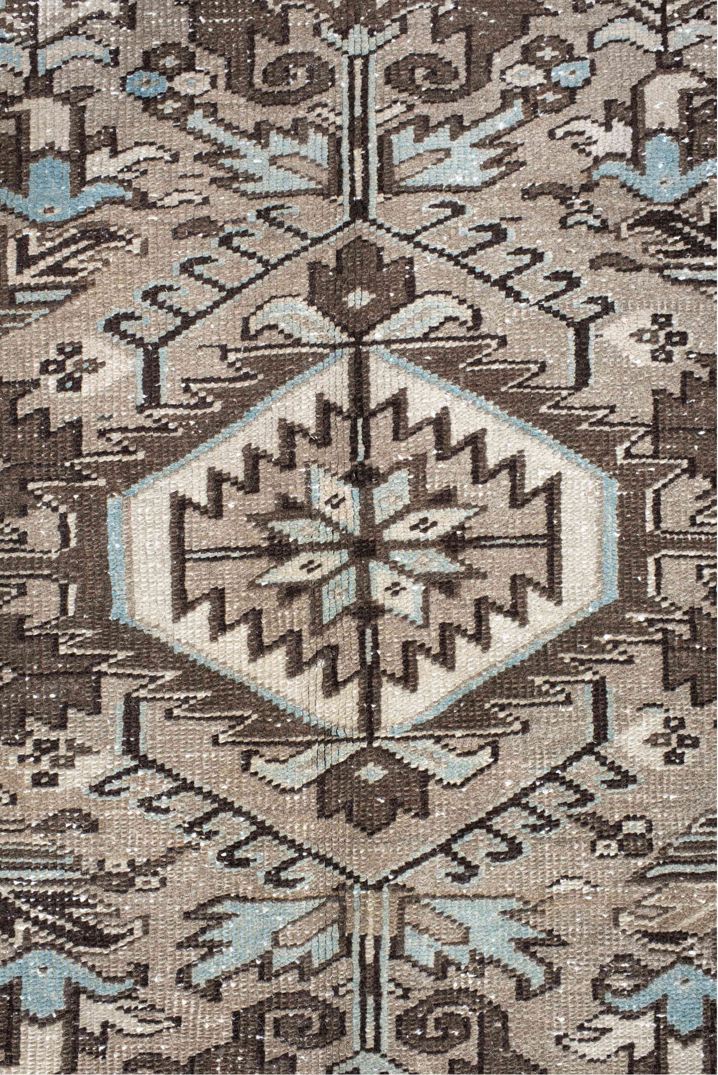 8' x 9' one-of-a-kind handmade vintage Heriz rug. Color palette: black, brown, charcoal, dark gray, gray, light gray, linen