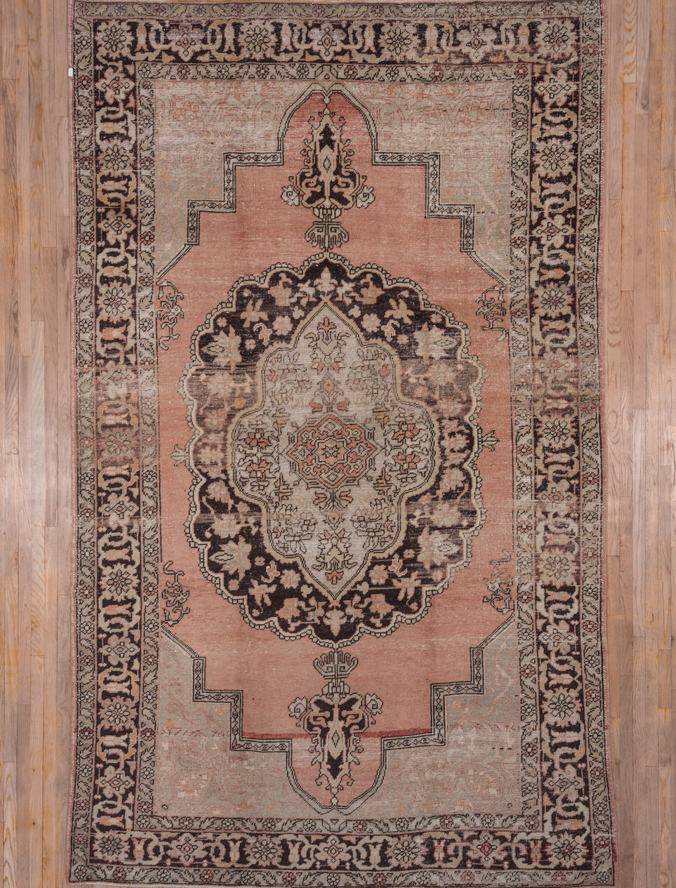 7' x 12' one-of-a-kind handmade vintage Oushak large size rug. Color palette: black, blue, brown, gray, green, light gray