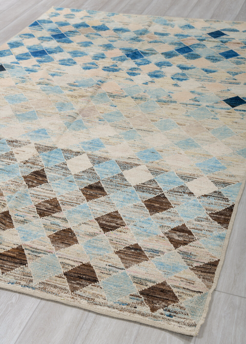 6' x 9' one-of-a-kind handmade vintage Tulu medium size rug. Color palette: blue, brown, gainsboro, gray, light blue