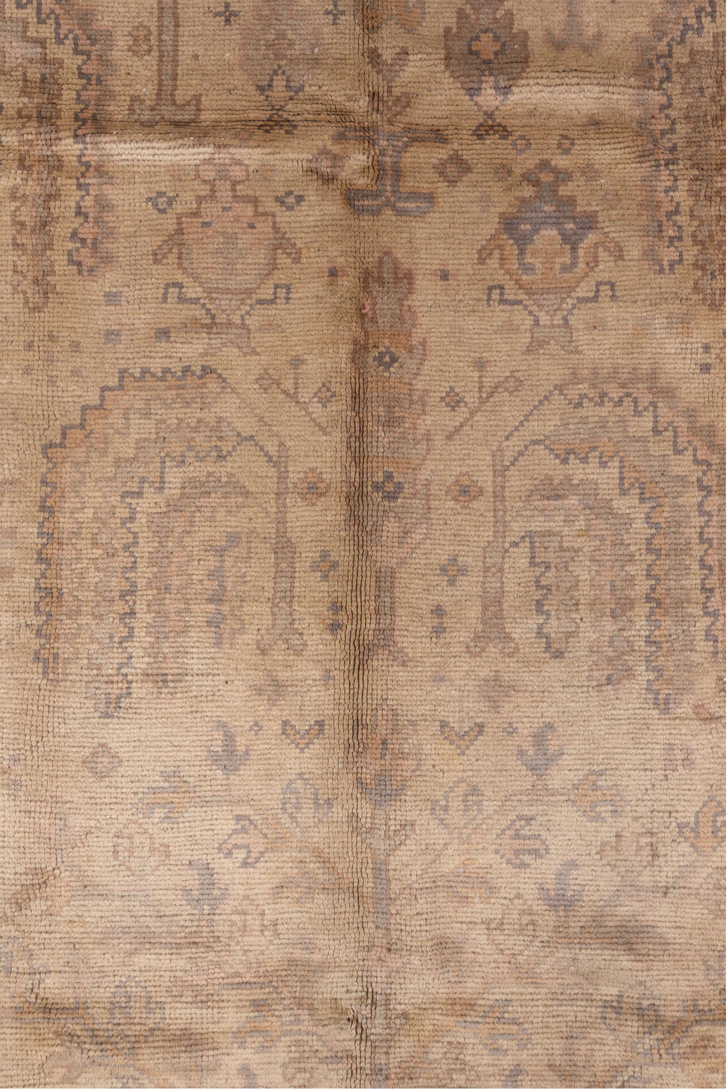 7' x 8' one-of-a-kind handmade vintage Oushak rug. Color palette: brown, gray, light gray, off-white, pink, snow, white
