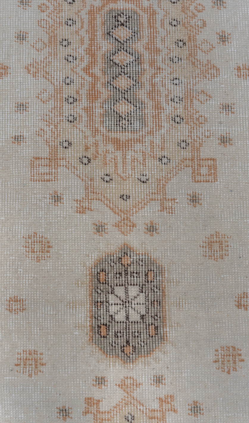 2' x 10' one-of-a-kind handmade vintage Oushak runner rug. Color palette: brown, gainsboro, gray, light gray, off-white