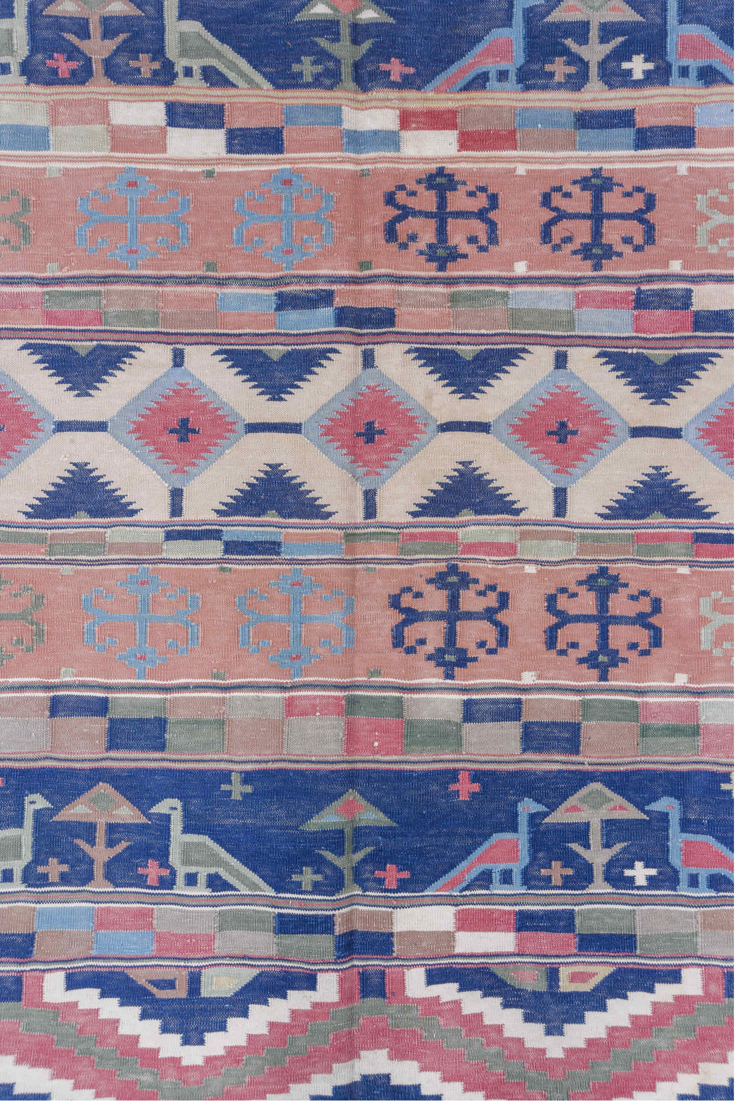 9' x 11' one-of-a-kind handmade vintage Dhurrie large size rug. Color palette: blue, dark gray, gainsboro, gray, light blue