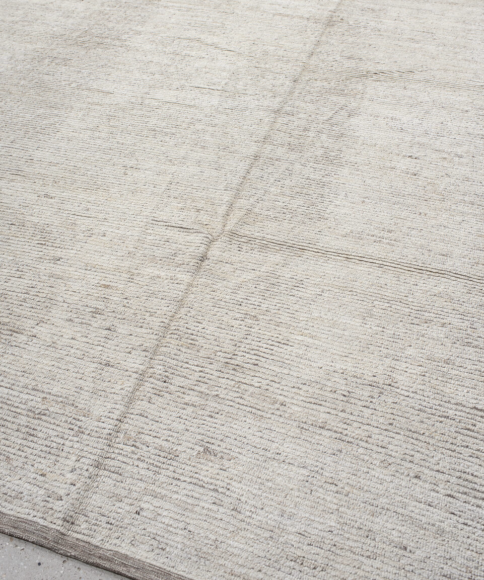 12' x 14' one-of-a-kind handmade vintage Tulu oversize rug. Color palette: dark gray, gainsboro, gray, light gray, linen