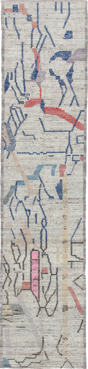 3' x 13' one-of-a-kind handmade vintage Tulu runner rug. Color palette: gray, pink, blue, light gray, off-white, black, red