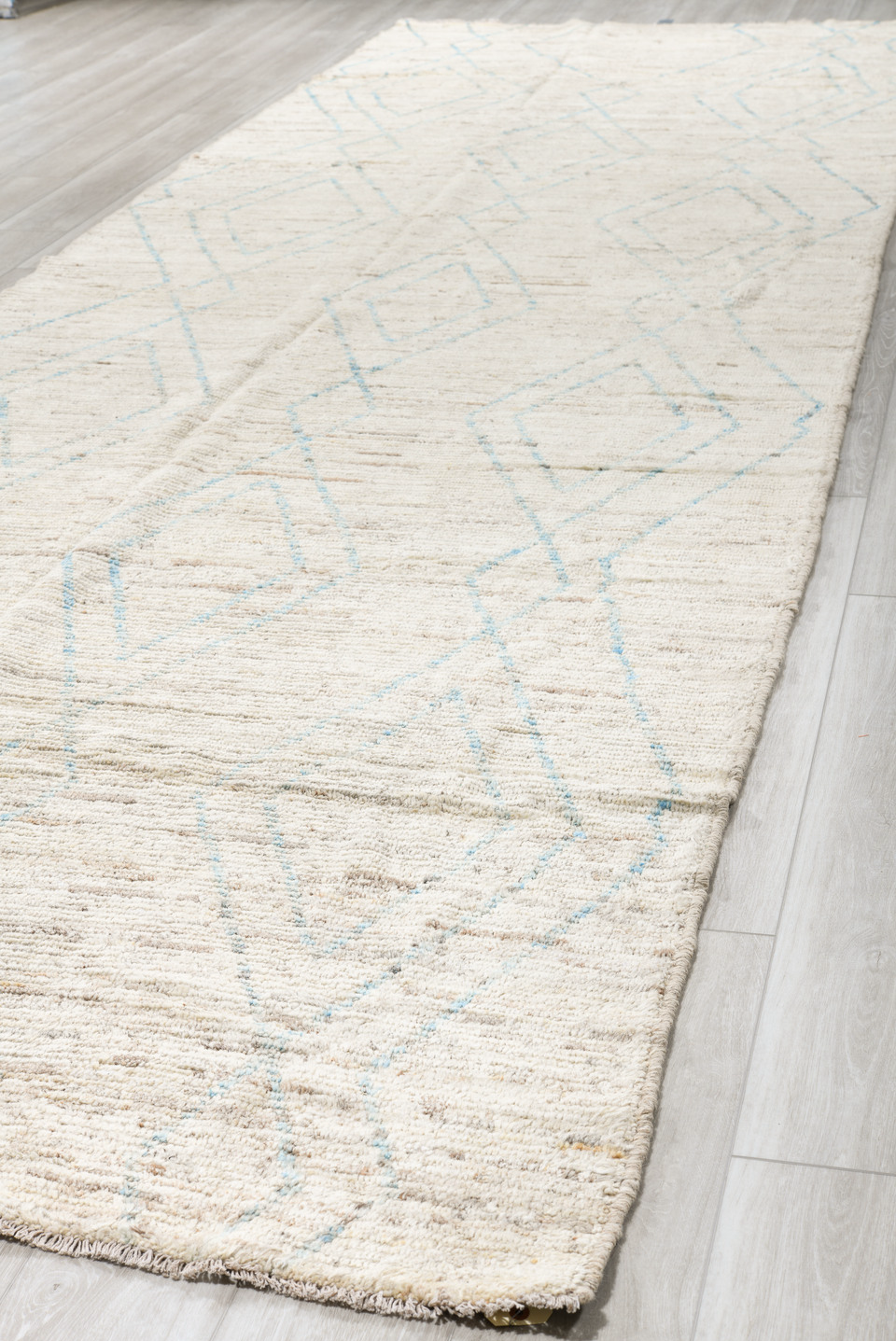 5' x 18' one-of-a-kind handmade vintage Tulu rug. Color palette: brown, gainsboro, gray, light gray, linen, off-white