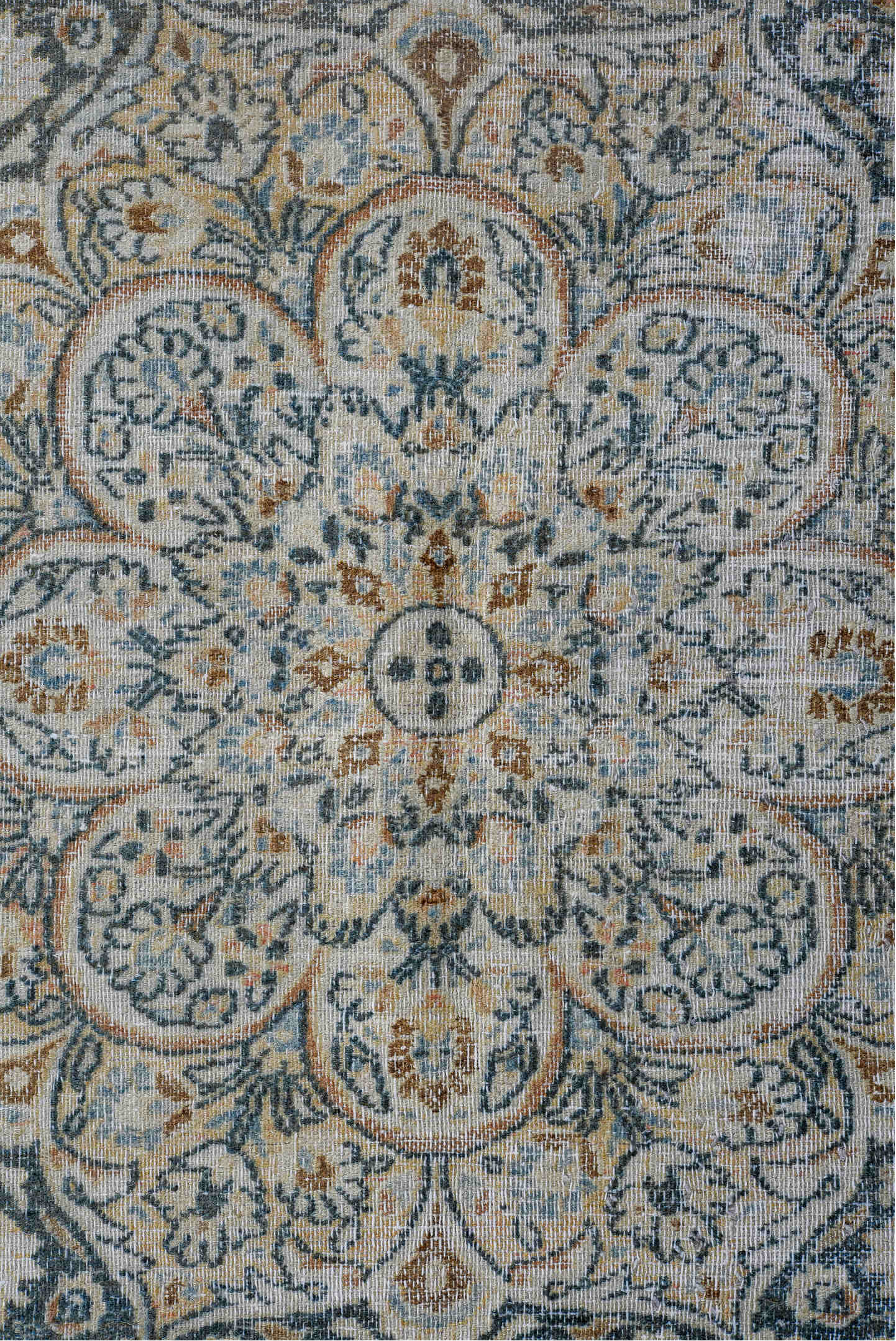 8' x 11' one-of-a-kind handmade vintage Meshed large size rug. Color palette: black, blue, brown, charcoal, dim gray, gray