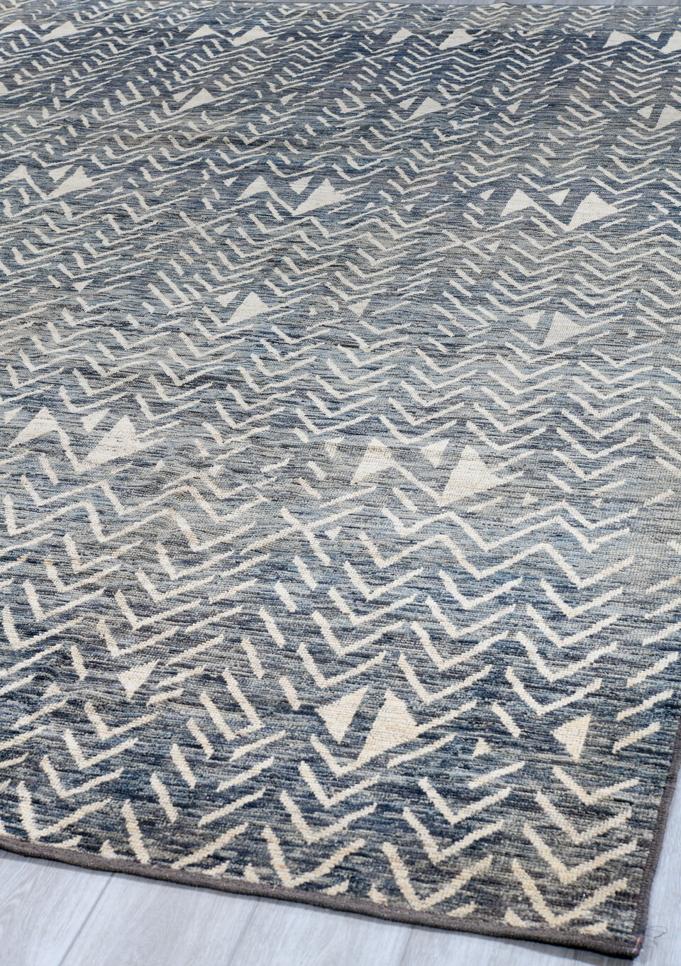 9' x 12' one-of-a-kind handmade vintage Tulu large size rug. Color palette: black, blue, dark gray, dim gray, fiord