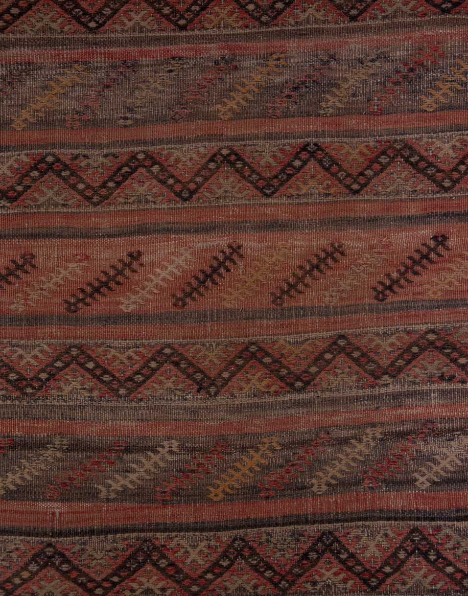 2' x 15' one-of-a-kind handmade vintage Jijim runner rug. Color palette: brown, gray, off-white, pink, red, redwood, snow