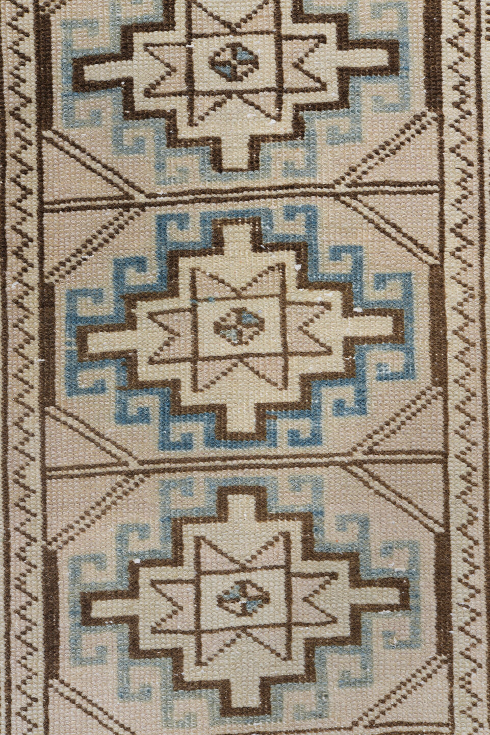 2' x 10' one-of-a-kind handmade vintage Meshkin runner rug. Color palette: blue, brown, gray, light gray, off-white