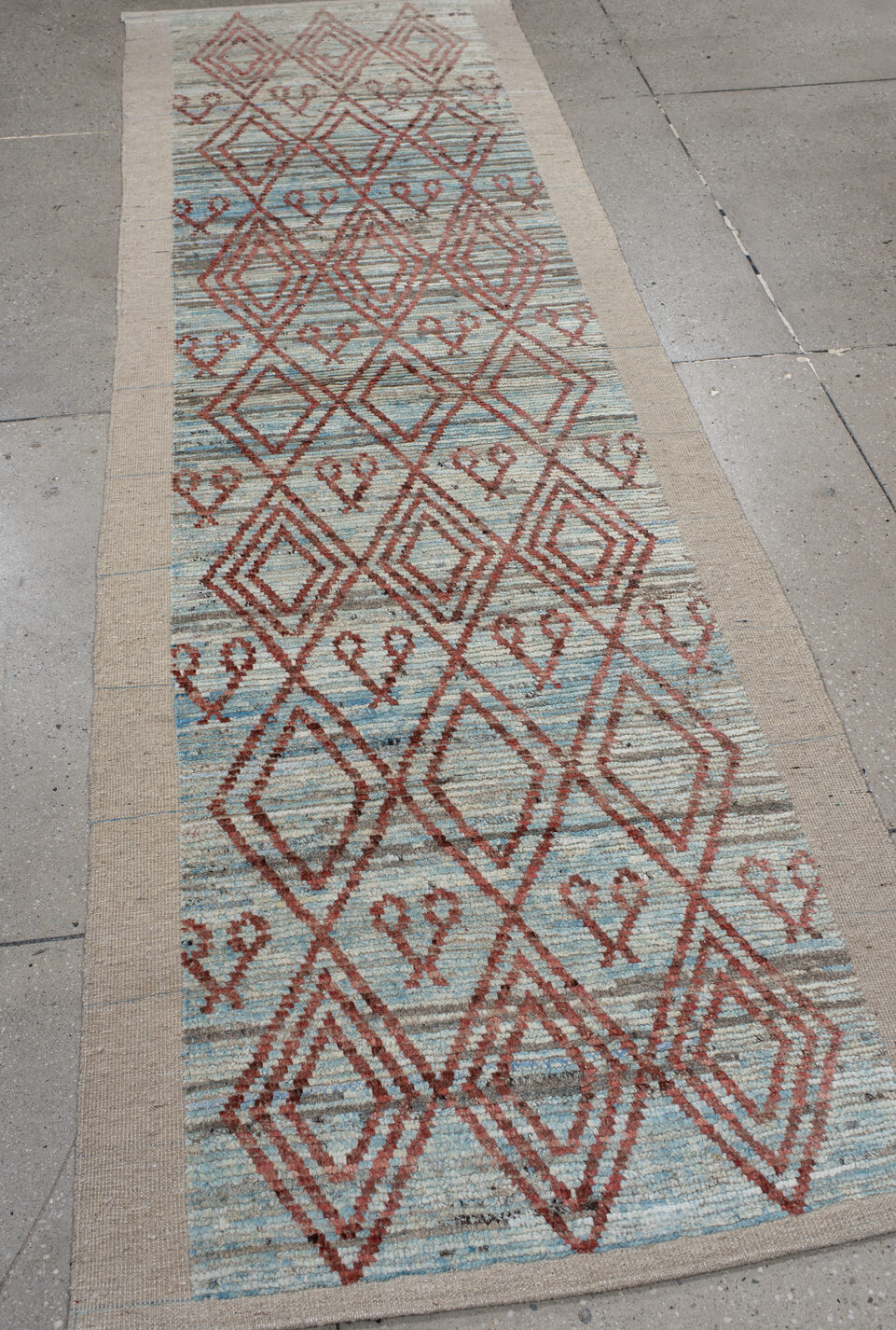 3' x 9' one-of-a-kind handmade vintage Kilim runner rug. Color palette: off-white, gray, light gray, brown, red, pink