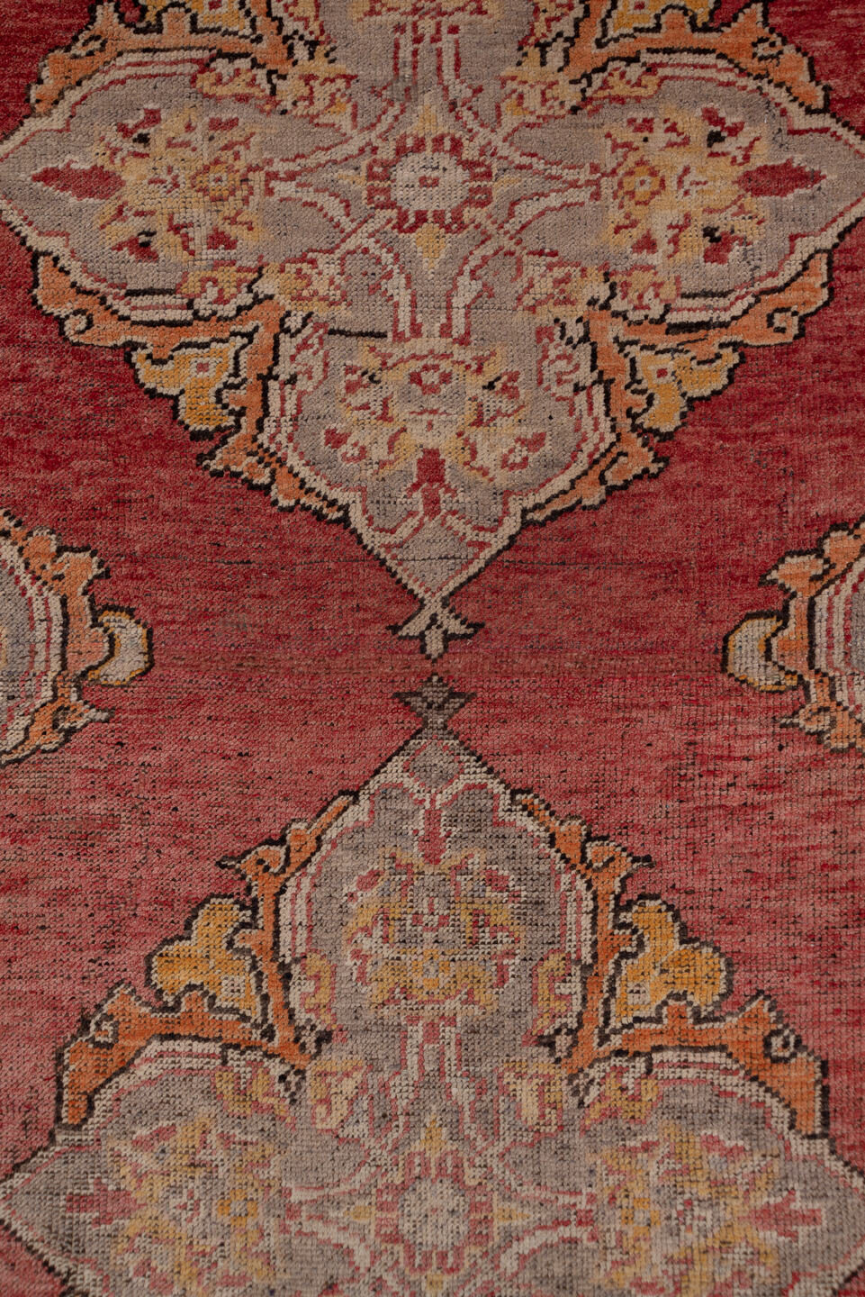 3' x 18' one-of-a-kind handmade vintage Oushak runner rug. Color palette: brown, off-white, pink, red, redwood, snow, white