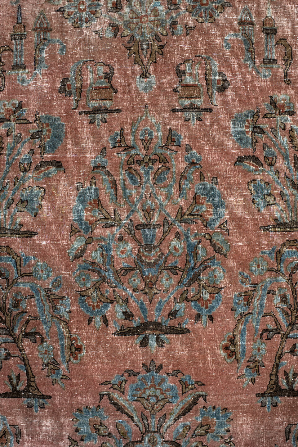 5' x 8' one-of-a-kind handmade vintage Kashan medium size rug. Color palette: pink, gray, brown, light gray, blue, off-white