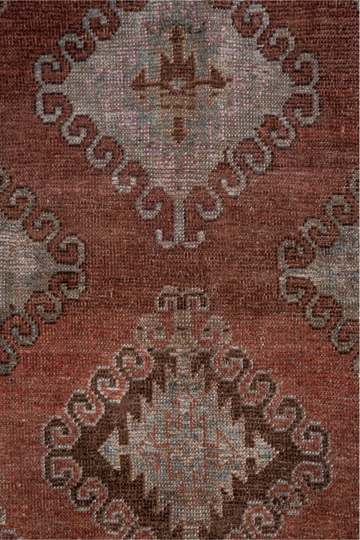 4' x 7' one-of-a-kind handmade vintage Belouch rug. Color palette: pink, brown, gray